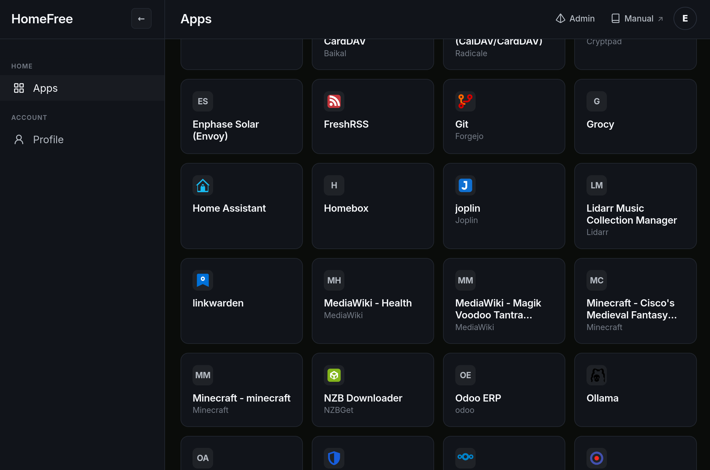 HomeFree Apps page listing the installed app catalog — Enphase Solar, FreshRSS, Git, Grocy, Home Assistant, Homebox, Joplin, Lidarr, linkwarden, MediaWiki, Minecraft, NZBGet, Odoo ERP, Ollama, and more — each launchable with one click via SSO